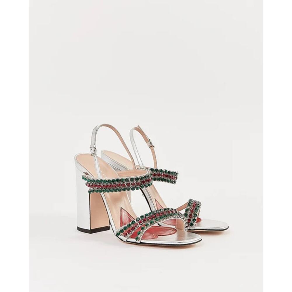 NEW GUCCI Bertie Nappa Leather Crystal Strappy Sandals Size 37 Silver